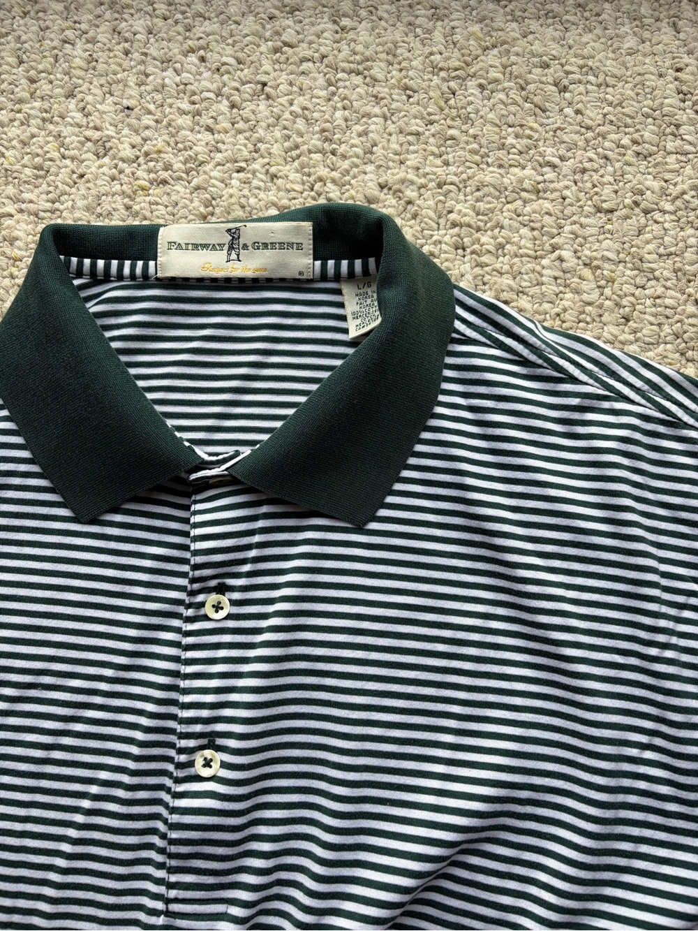 Fairway & Greene Green and White Striped Polo with Dark Green Collar. Size L.